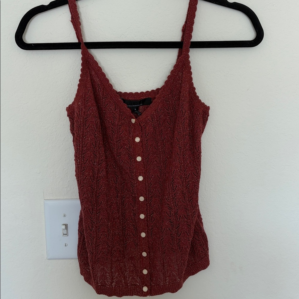 White House Black Market Red Sparkle Button-Up Tank Top